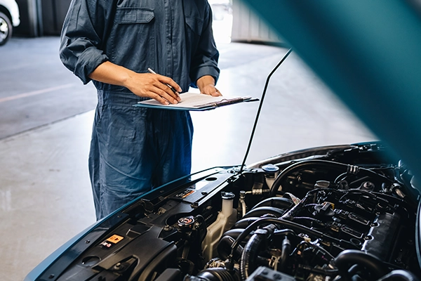 Technician inspecting vehicle's engine bay with clipboard